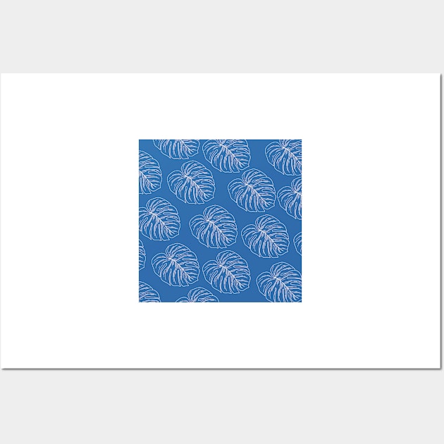 monstera tropical plant hawaii aloha print blue and white Wall Art by maplunk